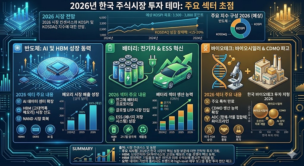 반도체&middot;바이오&middot;이차전지&middot;방산 등 핵심 섹터와 대표 종목을 시각화한 투자 인포그래픽