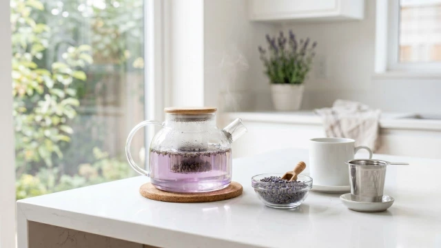 유리 티팟에 연보랏빛 라벤더차가 우려지고 있는 현대적 주방 장면