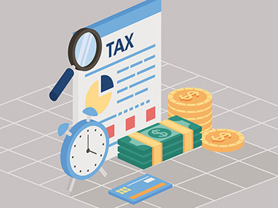 세금 보고서와 시계&amp;#44; 지폐와 동전을 통해 세금 신고 마감 기한을 강조한 이미지