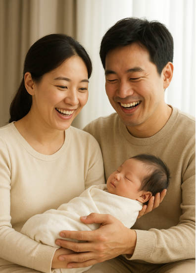 아이를 출산하고 행복해하는 30대 한국인 부부