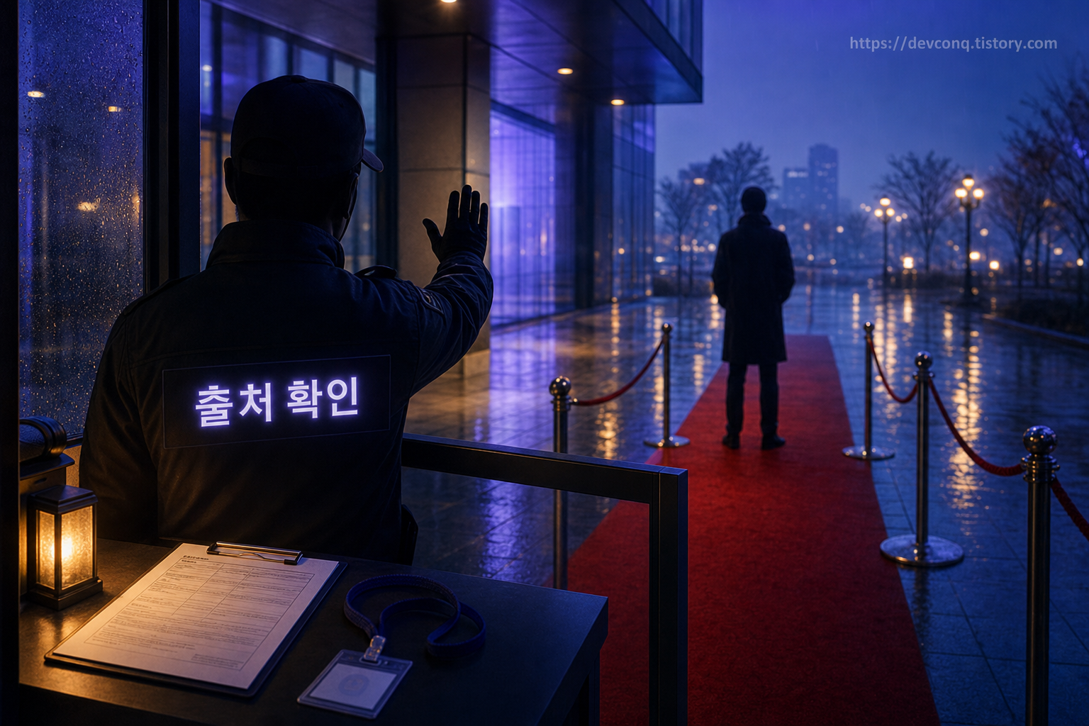 건물 입구에서 경비원이 다른 출처에서 온 방문객의 통행을 막고 있는 장면