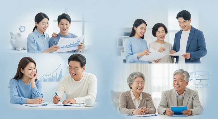 한국인의 연령별 은퇴 준비 현황과 금융 자산을 보여주는 희망적이고 현대적인 이미지, 노후 설계의 중요성을 강조.