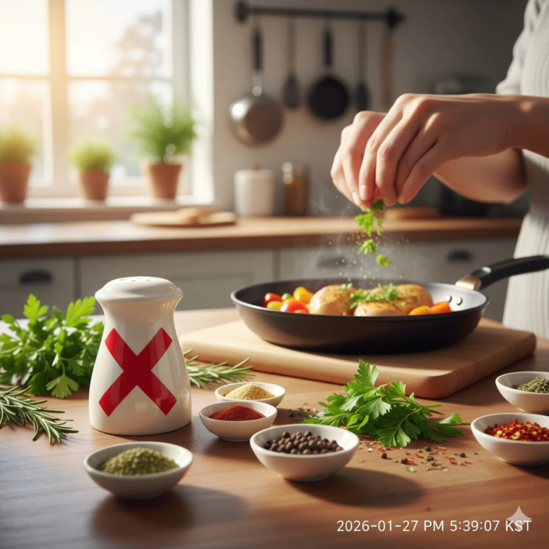 소금통 옆에 &amp;#39;X&amp;#39; 표시가 되어 있거나&amp;#44; 소금 대신 허브(로즈마리&amp;#44; 파슬리 등)나 천연 향신료를 사용하여 요리하는 장면을 시각화합니다. 나트륨 섭취를 줄이는 지혜로운 식습관을 표현합니다.