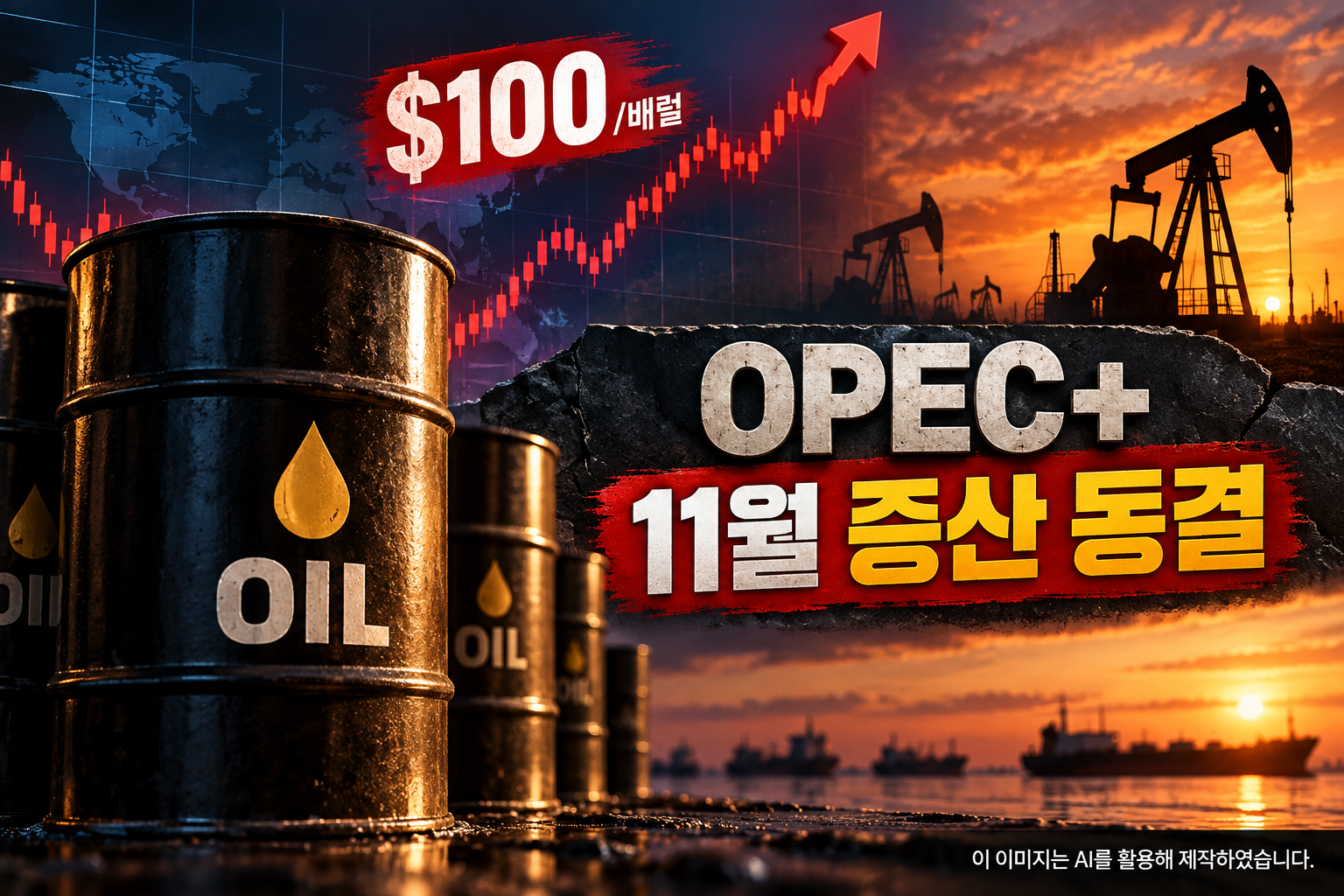 OPEC+ 11월 증산 동결과 국제유가 100달러를 나타낸 원유 배럴 및 유가 상승 그래프