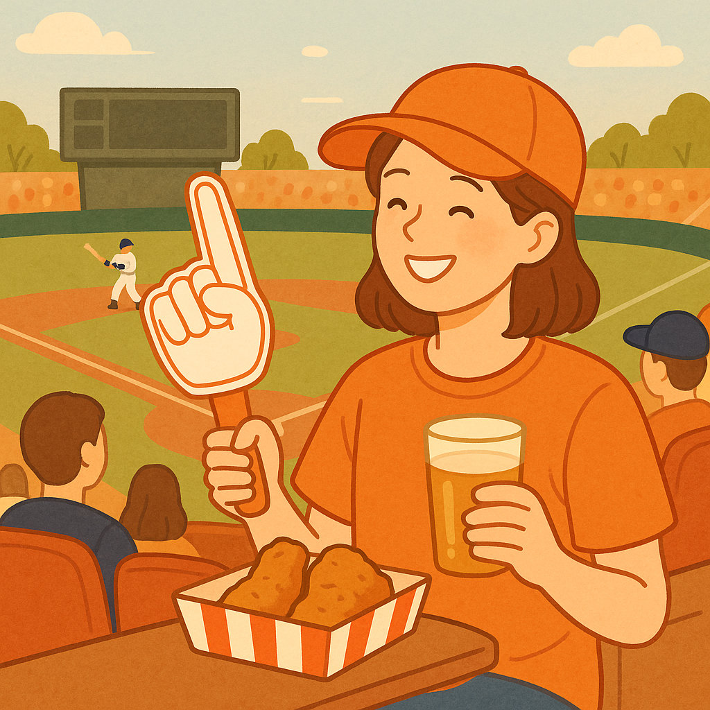 "밝은 오렌지색 티셔츠와 모자를 쓴 여성이 야구장 관중석에 앉아 치킨과 맥주를 즐기며 응원 도구를 들고 웃고 있는 모습. 배경에는 경기 중인 야구 선수와 듬성듬성 앉은 관중들이 보이며, 맑은 하늘과 전광판이 어우러져 봄날 직관의 생동감을 표현."