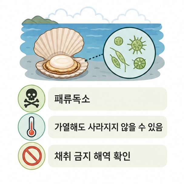 가리비 패류독소와 가열 후에도 독소가 남을 수 있어 채취 금지 해역 확인이 필요함을 설명한 이미지