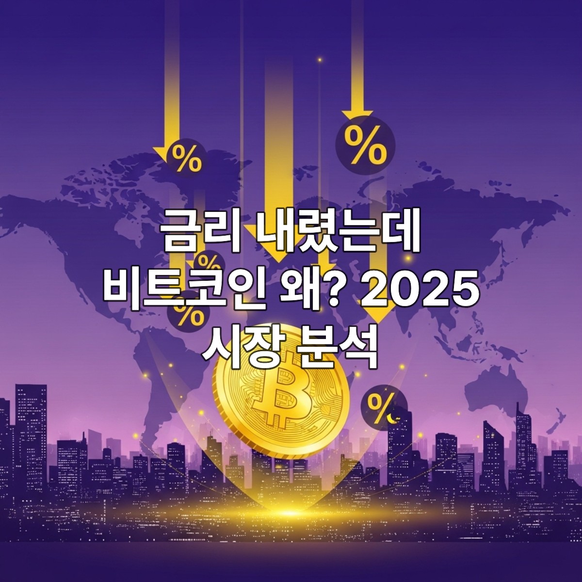 연준 금리 인하 발표에도 하락하는 비트코인을 상징하는 이미지. 역설적인 금융 시장 상황과 투자 불확실성을 표현.