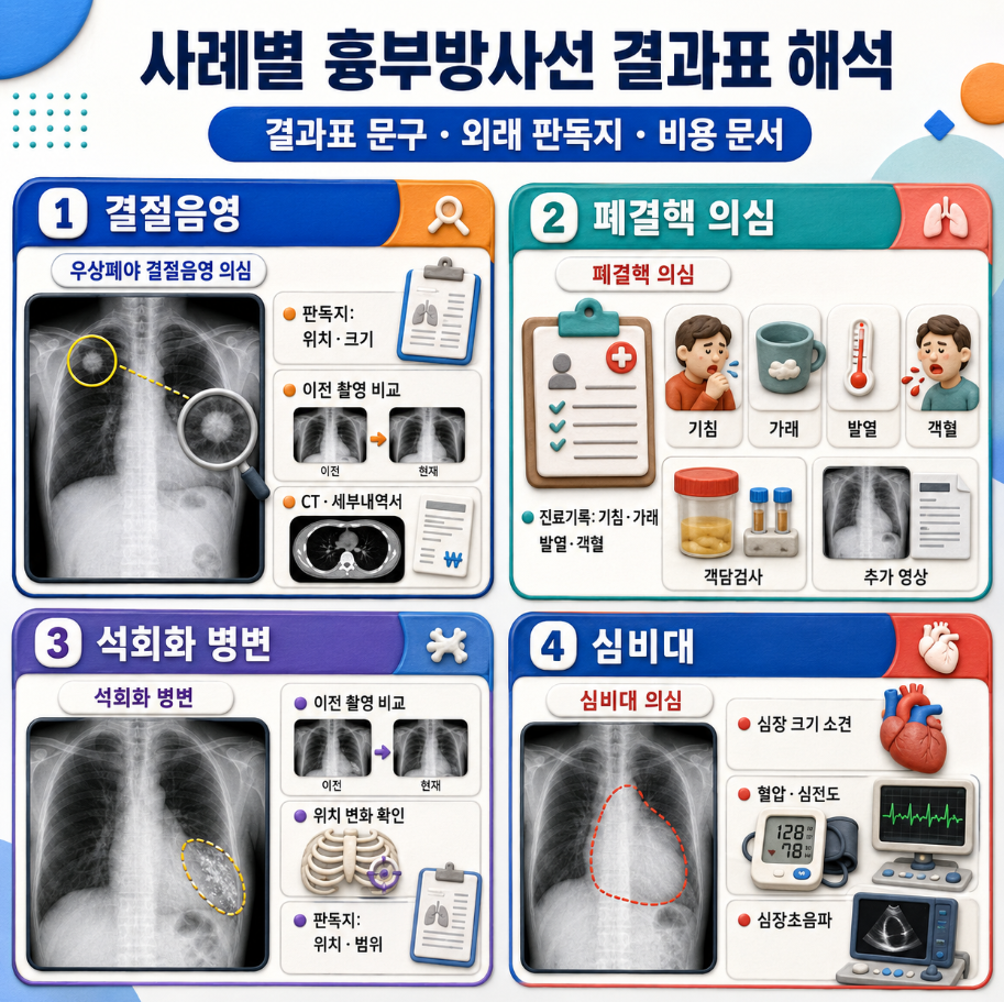 결절음영, 폐결핵 의심, 석회화 병변, 심비대 사례별 흉부방사선 결과표 해석 방법을 정리한 인포그래픽