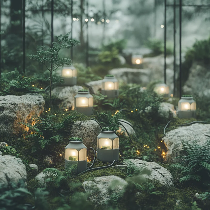 지속 가능한 풍경을 배경으로 한 녹색 에너지 및 배터리 관련 주식의 집합체. 친환경적이며 진보적인 분위기를 강조.