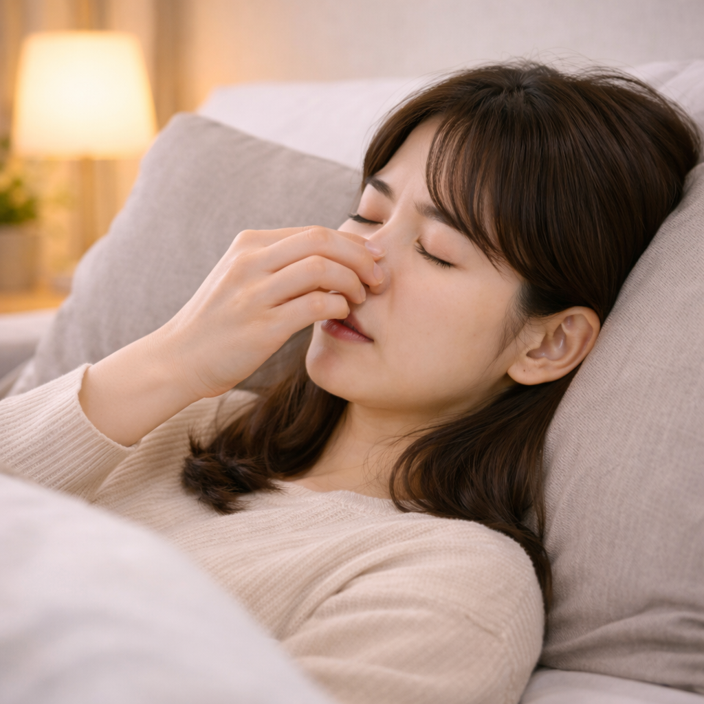 코막힘 완화를 위해 옆으로 누워 중력을 활용하는 자세