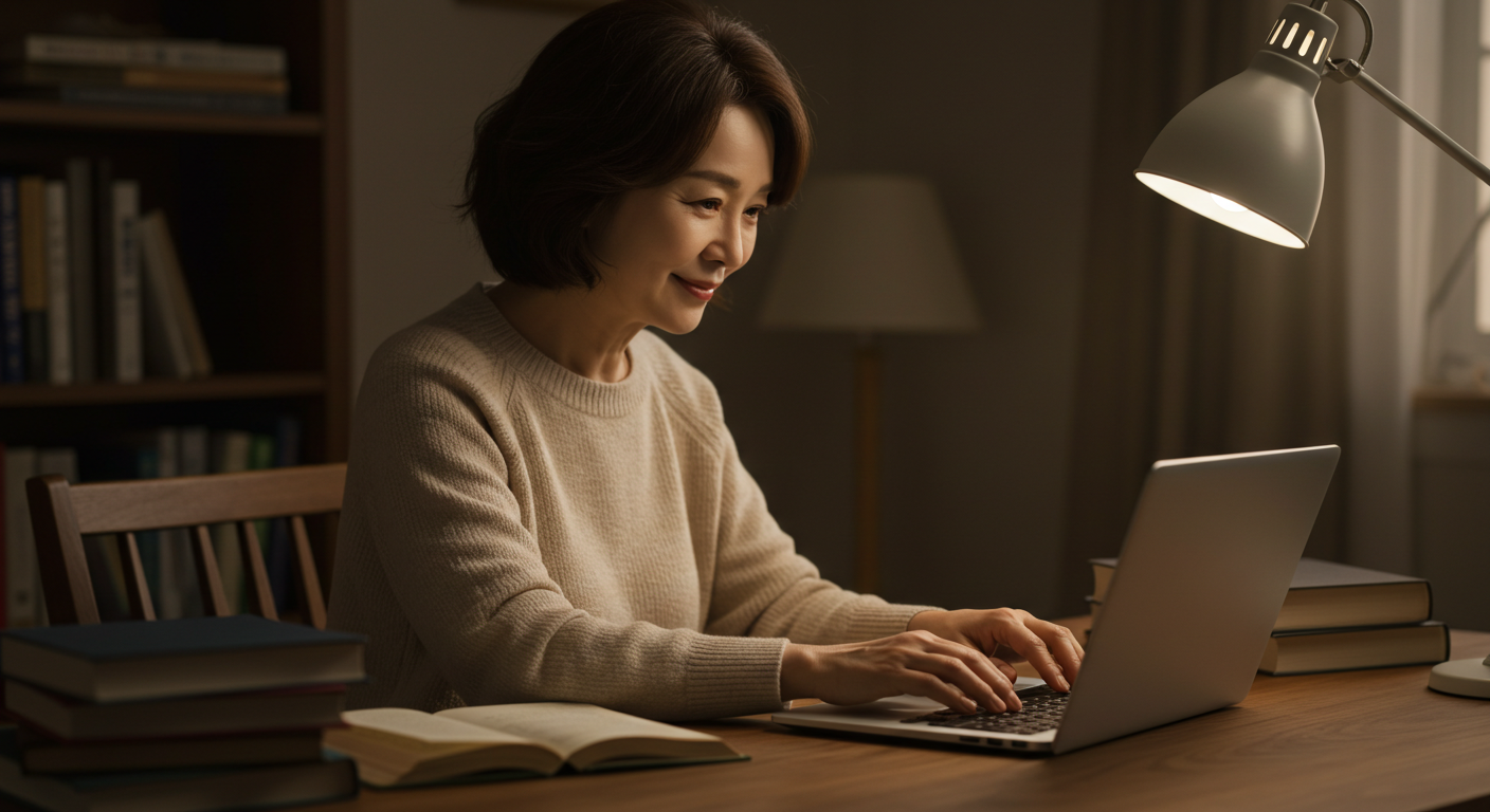 노트북으로 독서 후기를 작성하는 여성