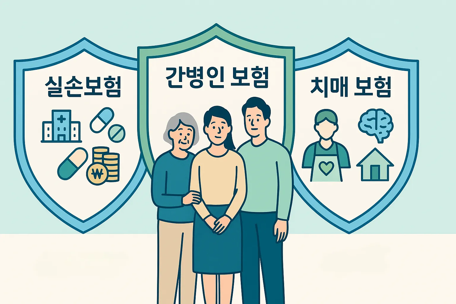 "실손보험, 간병인 보험, 치매 보험 세 가지 방패가 가족을 지켜주는 인포그래픽"