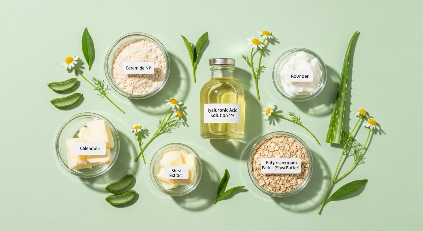 세라마이드, 히알루론산, 시어버터 등 아기 로션에 사용되는 핵심 보습 성분들이 정돈된 모습