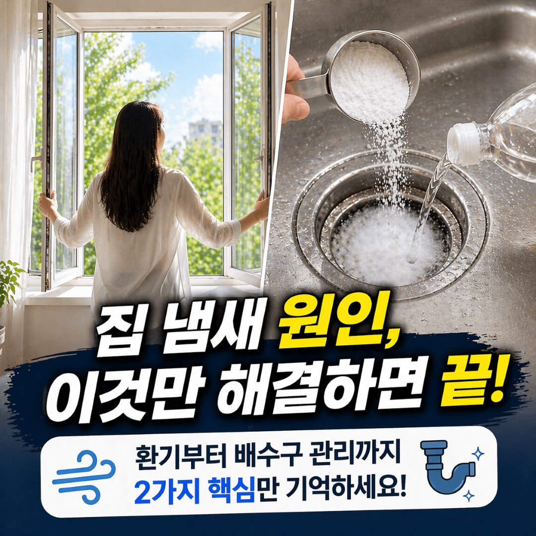 집 냄새 원인을 환기와 배수구 청소로 해결하는 방법을 보여주는 이미지