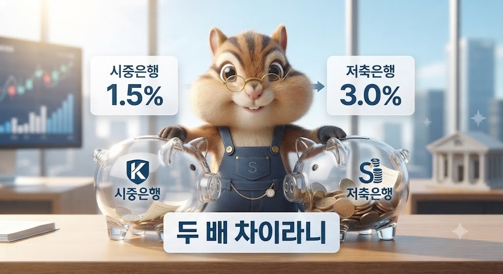시중은행과 저축은행 적금금리를 비교하는 다람쥐 캐릭터