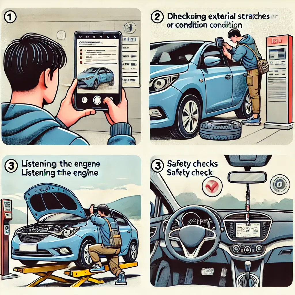 렌트카 외부 흠집과 긁힘을 확인하며 사진을 찍는 모습