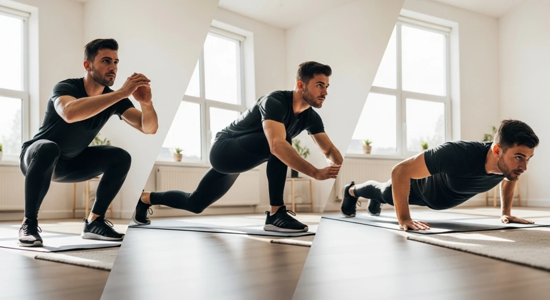 집에서 스쿼트, 런지, 푸쉬업 등 다양한 맨몸 운동을 연속으로 수행하는 역동적인 사람의 모습. 효과적인 홈트레이닝 루틴을 상징합니다.