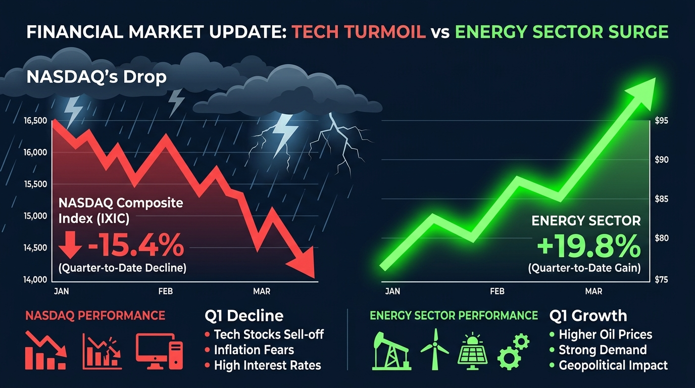 거친 파도가 몰아치는 바다 한가운데서 평온하게 빛나고 있는 에너지 주식과 빅테크 하락폭을 비교하는 차트 인포그래픽