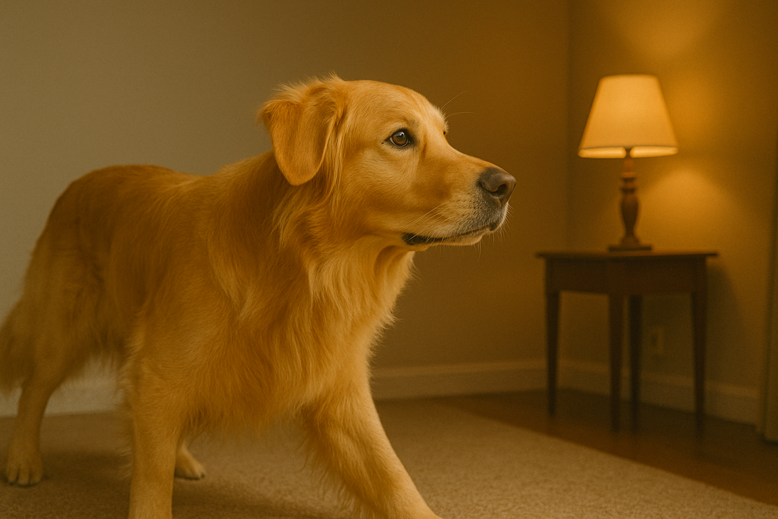 집 안에서 골든리트리버가 위험을 느끼고 서서 긴장된 모습으로 한 곳을 응시하고 있다.