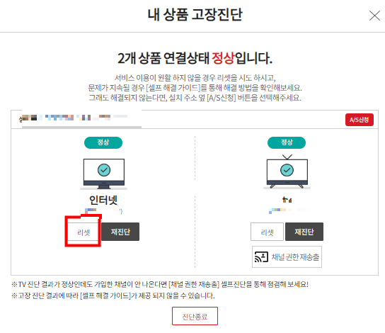 원격 진단 및 리셋 화면