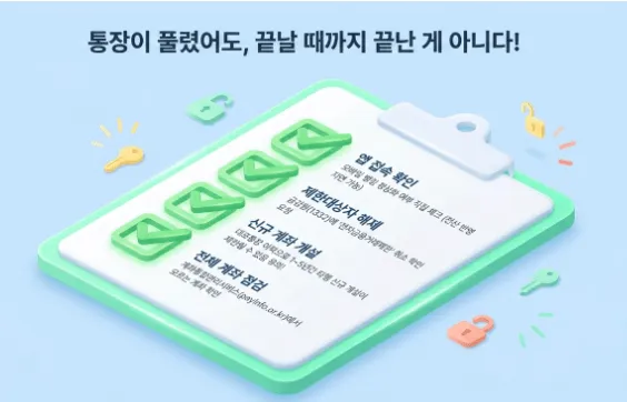 사기이용계좌 지급정지 해제 이후에도 반드시 점검해야 할 사항을 체크리스트로 정리한 인포그래픽입니다. 인터넷뱅킹&middot;모바일뱅킹 정상 접속 확인&amp;#44; 전자금융거래제한대상자 해제 확인&amp;#44; 다른 은행에서 신규 계좌 개설 가능 여부 확인&amp;#44; 계좌통합관리서비스(payinfo.or.kr)에서 전체 계좌 점검까지 4가지 항목을 순서대로 보여줍니다.