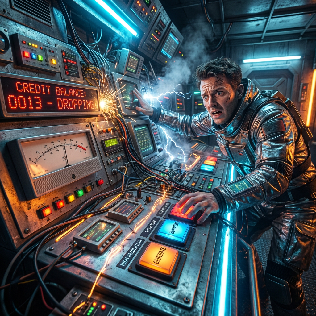 크레딧 잔액이 급감해 당황하는 우주복 입은 남성