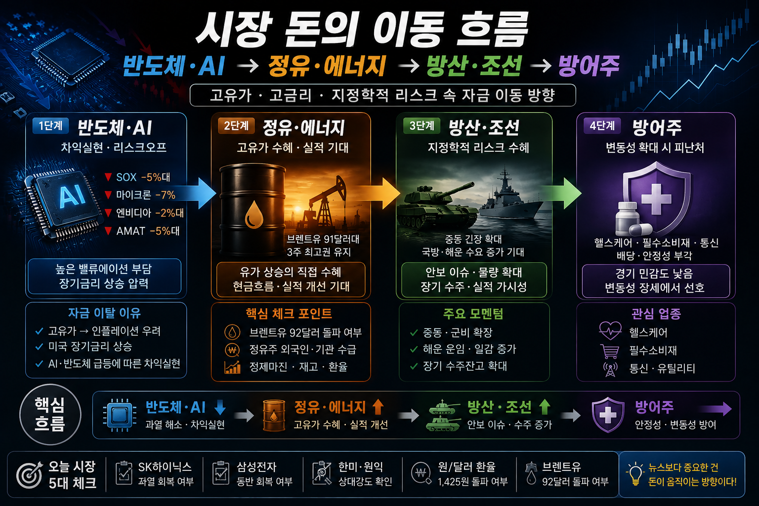 반도체 AI 주식에서 정유 에너지 방산 조선 경기방어주로 이어지는 자금 이동 인포그래픽