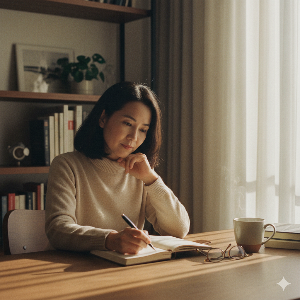 따뜻한 아침 햇살 속 창가에서 노트에 글을 쓰는 지적인 여성