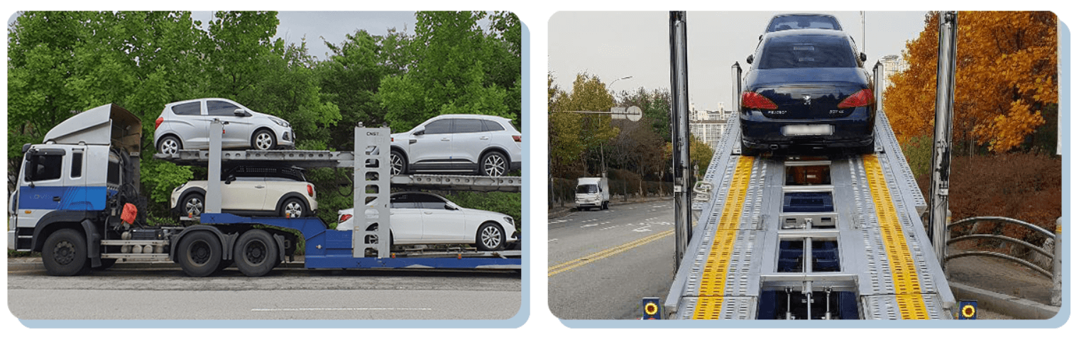 왼쪽은 차량 적재 트레일러에 차량들이 적재된 모습이고, 오른쪽은 트레일러에 차량이 적재될 준비된 모습