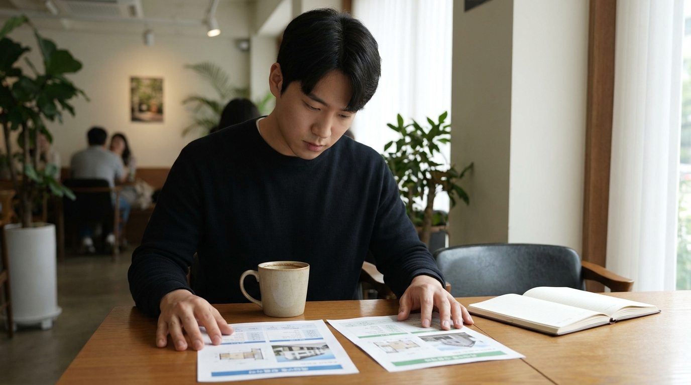 부동산 서류를 비교하는 청년