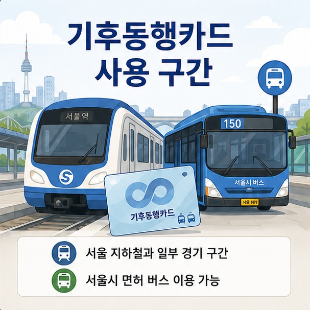 서울 지하철과 버스, 교통카드를 통해 기후동행카드는 서울 대중교통과 일부 수도권 지하철 구간에서 이용할 수 있음을 보여 주는 그림
