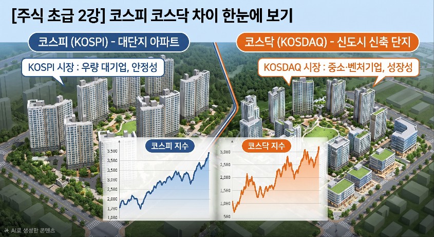 코스피 코스닥 차이를 대단지 아파트와 신도시 신축 단지로 비유한 주식시장 대표 이미지