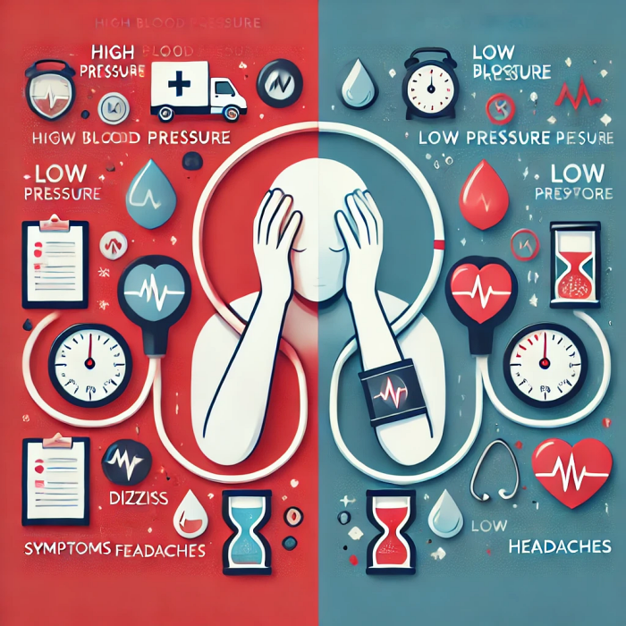 고혈압과 저혈압 증상을 비교하여 보여주는 아이콘 기반 이미지