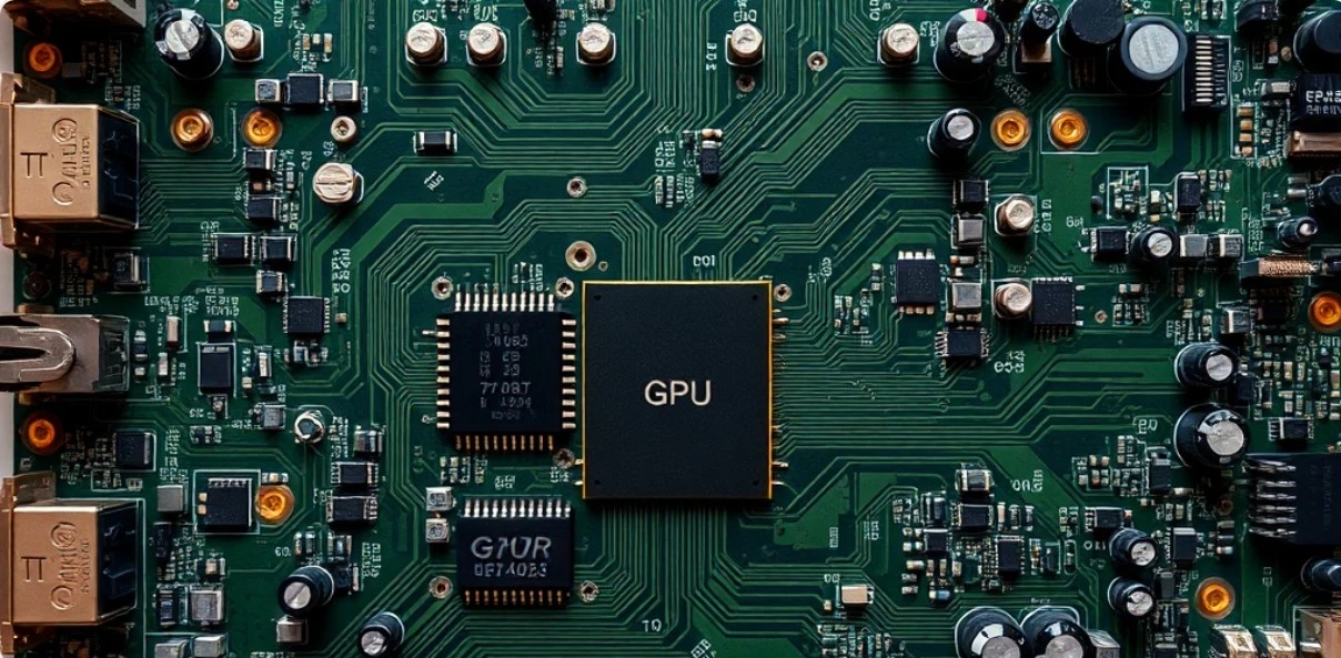 GPU 칩이 중심에 있는 컴퓨터 회로기판 클로즈업 이미지