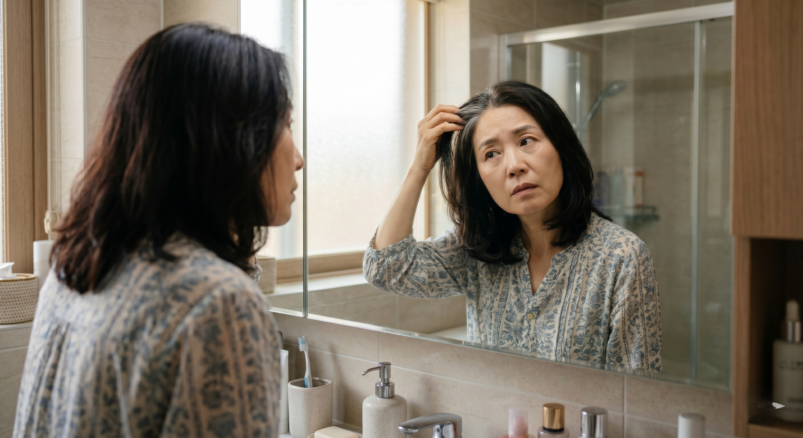 거울 앞에서 흰머리를 살펴보며 원인을 걱정하는 40대 여성