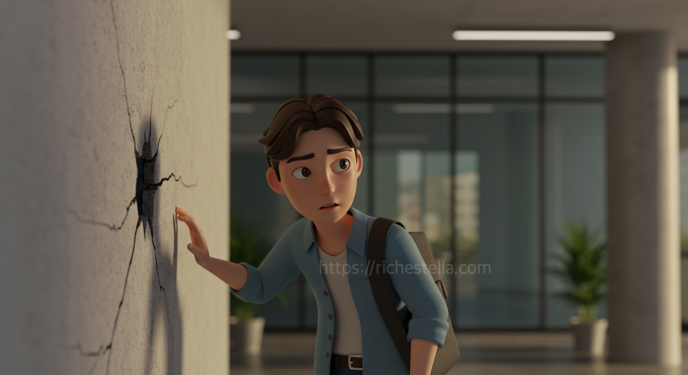벽에 생긴 수상한 균열을 발견한 청년