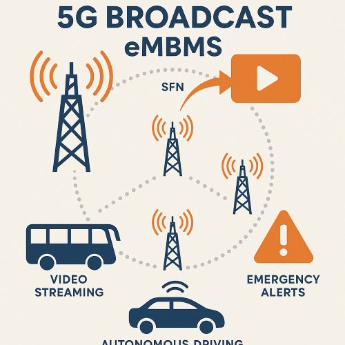 5G 방송 eMBMS 기술의 구조와 활용 분야(영상 스트리밍, 재난 경보, 자율주행)를 보여주는 인포그래픽