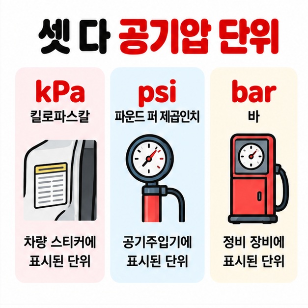 kPa, psi, bar가 모두 공기압 단위이며 차량 스티커와 공기주입기에서 다르게 보인다는 내용을 비교한 카드