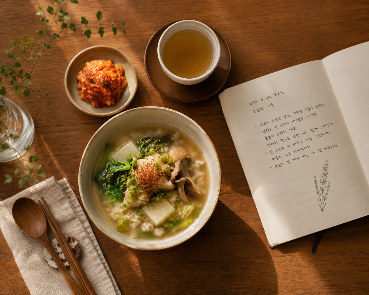 나무 테이블 위, 따뜻한 채소죽 한 그릇과 요리 기록이 적힌 일기장, 따뜻한 차 한 잔이 놓여 있는 평온한 모습. 나를 위한 소박하고 따뜻한 위로의 식탁