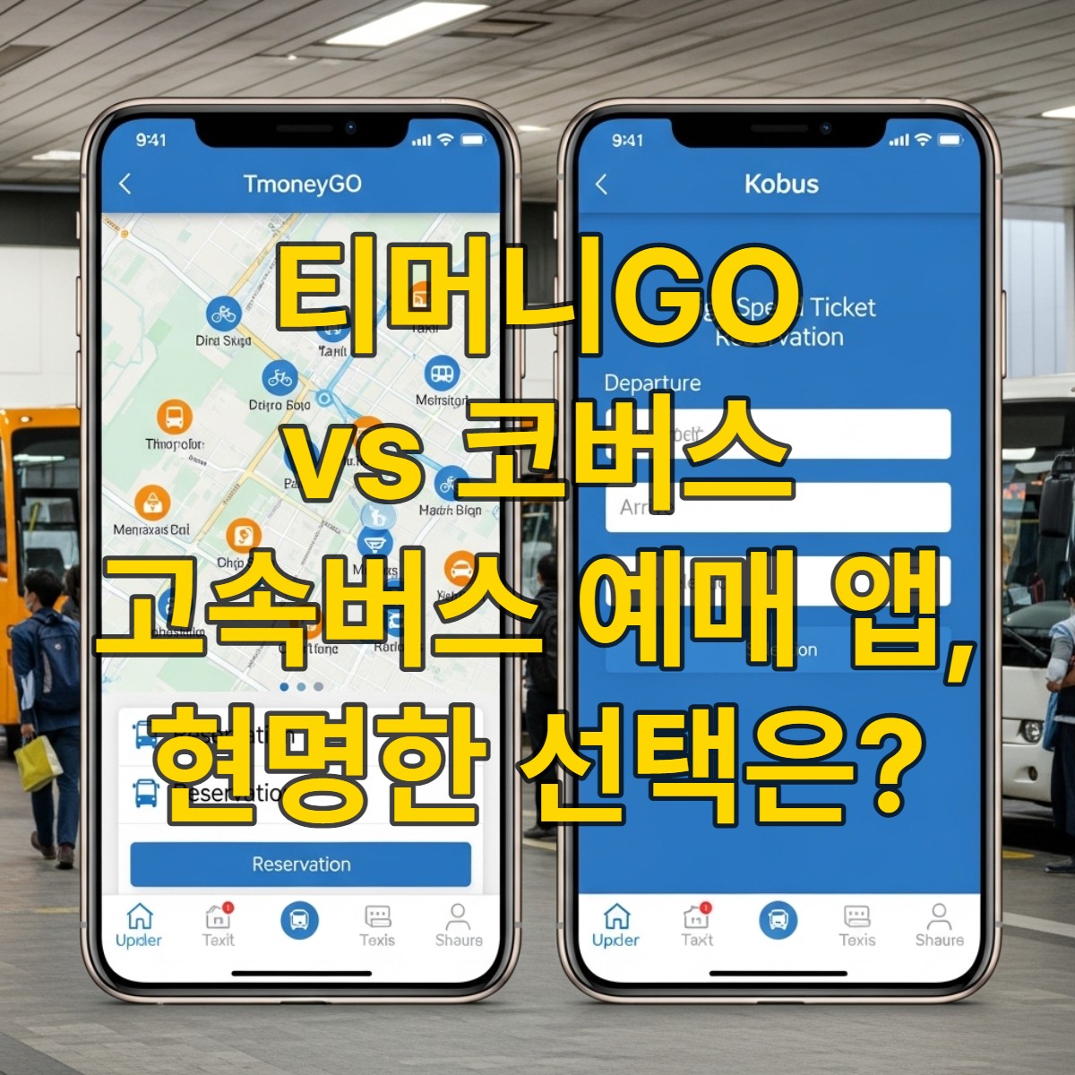 티머니GO와 코버스 앱 화면을 나란히 비교하며 고속버스 예매 기능을 보여주는 이미지