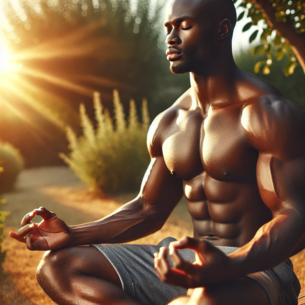 "아침 햇살 아래에서 근육질의 흑인 남성이 명상하며 평온한 표정을 짓고 있는 모습, 스트레스 관리와 비타민 D 섭취의 중요성을 강조"