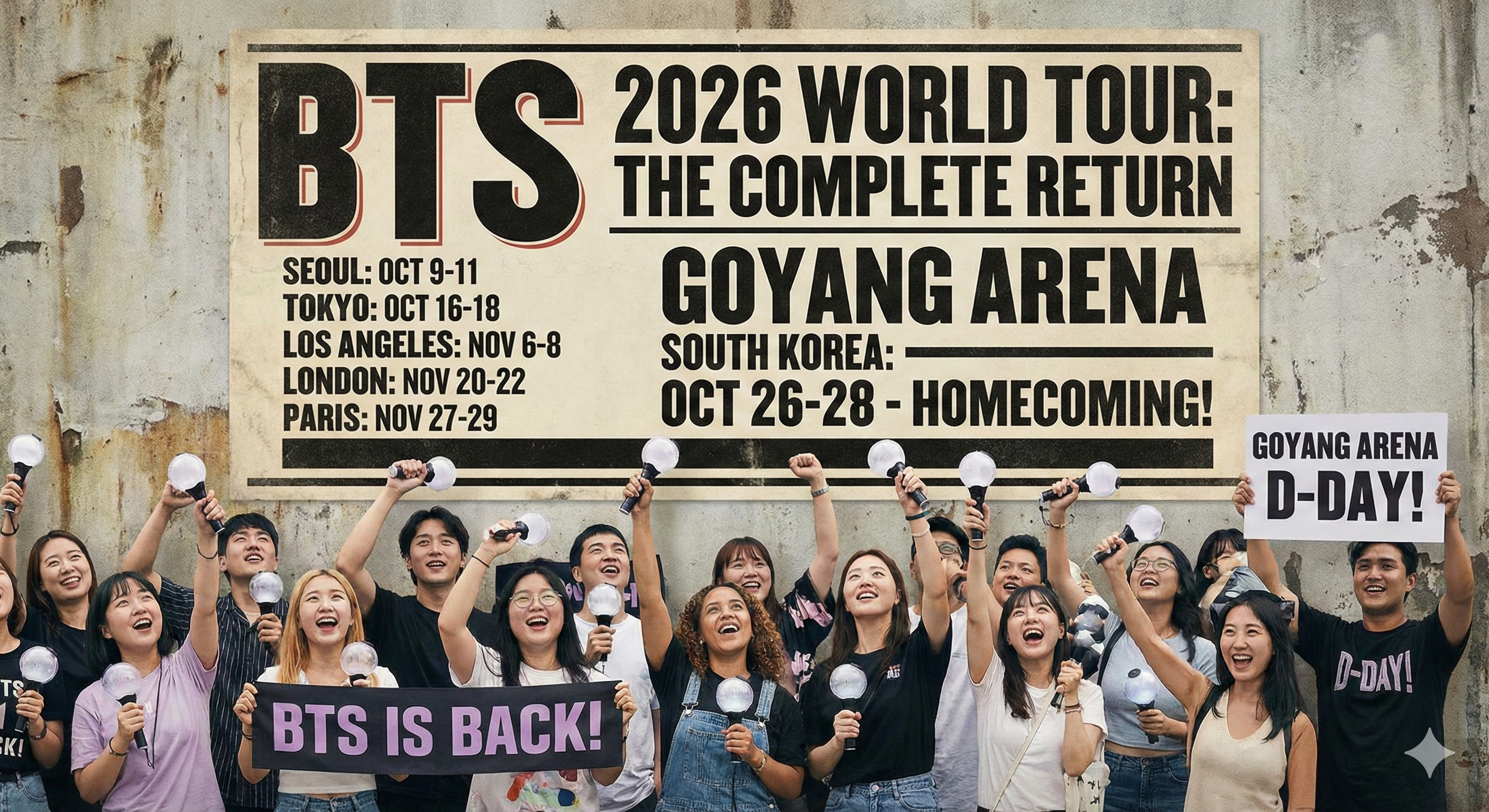 2026년 BTS 완전체 컴백 월드투어 일정과 고양 아레나 공연을 기다리는 아미들의 모습