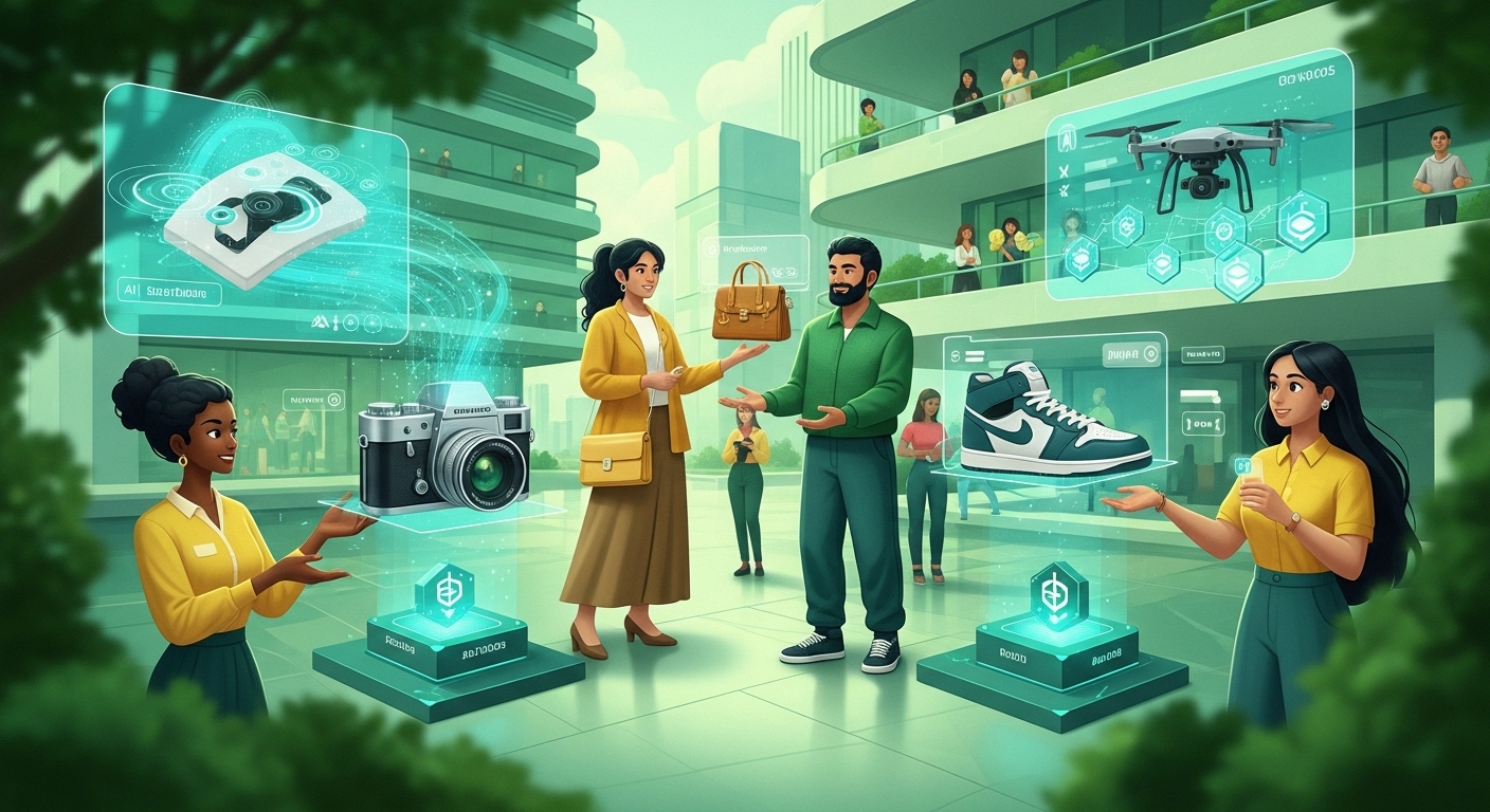2025년의 스마트 중고거래를 보여주는 미래지향적 이미지. AI와 블록체인 기술이 결합되어 빈티지 카메라, 명품 가방, 희귀 스니커즈 등 다양한 물품이 안전하고 투명하게 거래되는 모습을 친환경 도시 풍경과 함께 표현함.