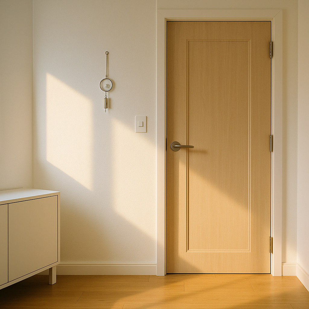 현관문 옆에 작은 은색 풍경이 걸린 밝은 현관 인테리어