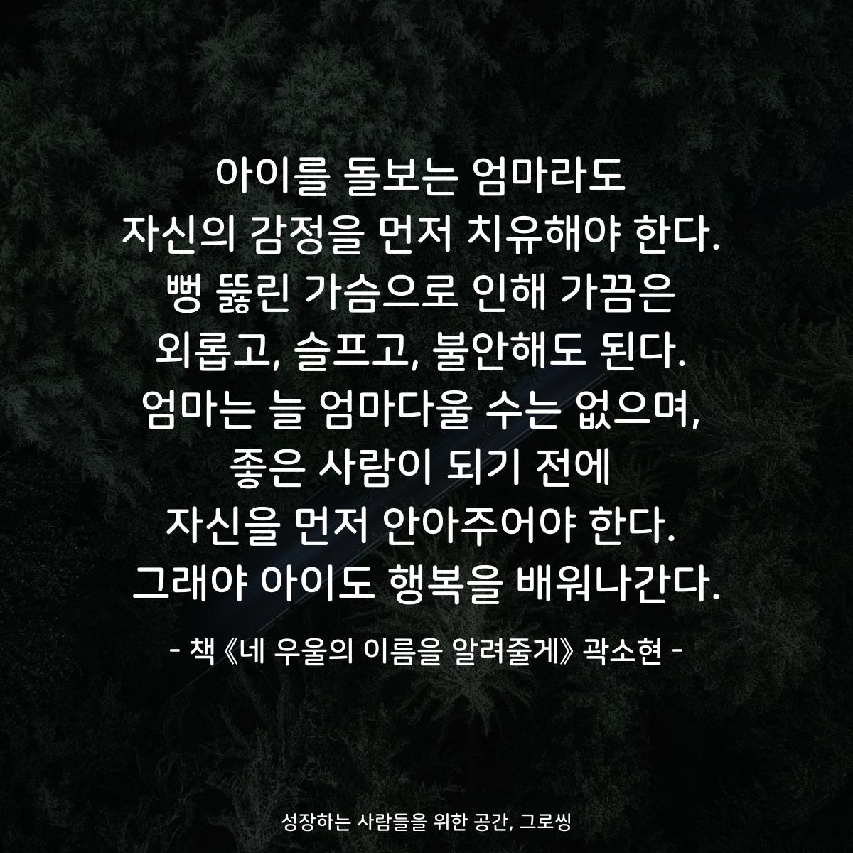 아이를 돌보는 엄마라도
자신의 감정을 먼저 치유해야 한다.
뻥 뚫린 가슴으로 인해 가끔은
외롭고, 슬프고, 불안해도 된다.
엄마는 늘 엄마다울 수는 없으며,
좋은 사람이 되기 전에
자신을 먼저 안아주어야 한다.
그래야 아이도 행복을 배워나간다.