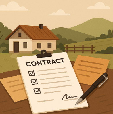 전원 마을의 시골주택 앞 테이블 위에 계약서와 펜이 놓여 있고, 뒤로 초록빛 언덕과 농가가 보이는 평화로운 장면