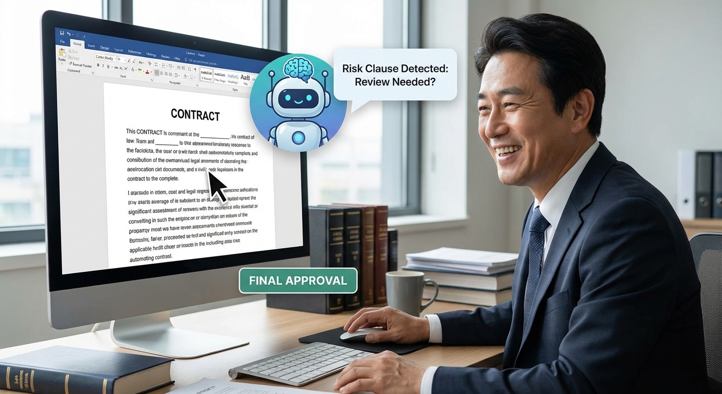 AI가 계약서를 자동 생성하고 리스크를 검토하는 과정을 시각화한 이미지
