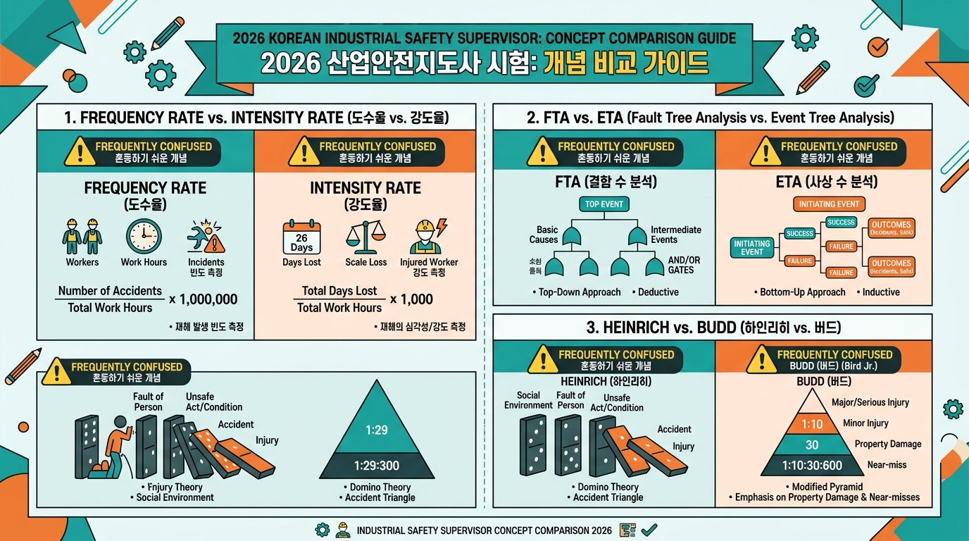 산업안전지도사 1차 자주 혼동하는 개념 7가지 — 재해통계·신뢰성·법령 핵심 구분법 인포그래픽