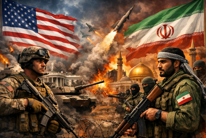 미국군인과 이란이 대립하는 이미지