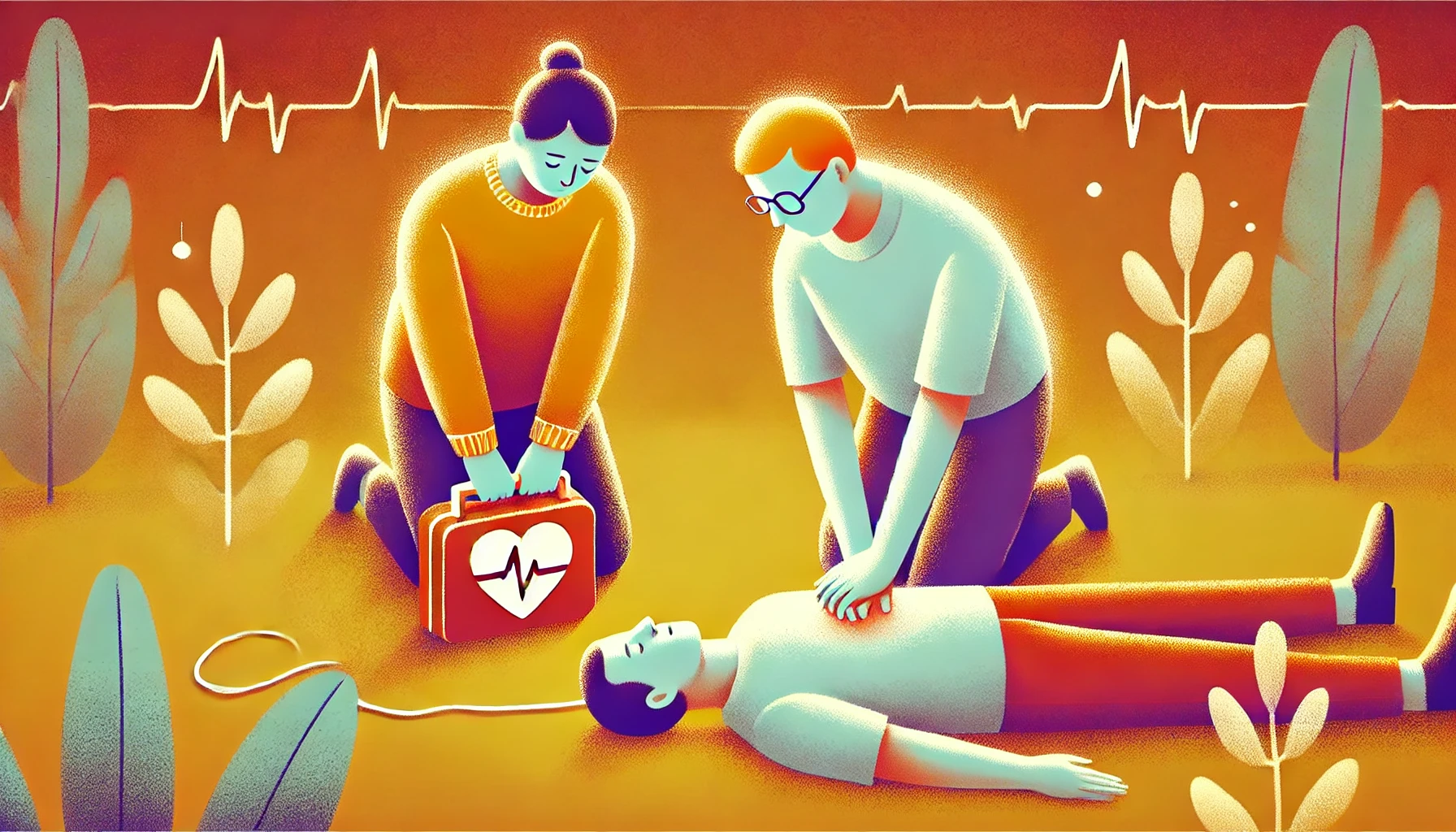 심폐소생술 중 한 사람이 계속 흉부를 압박하고 다른 사람이 AED를 준비하는 따뜻한 디지털 페인팅 일러스트